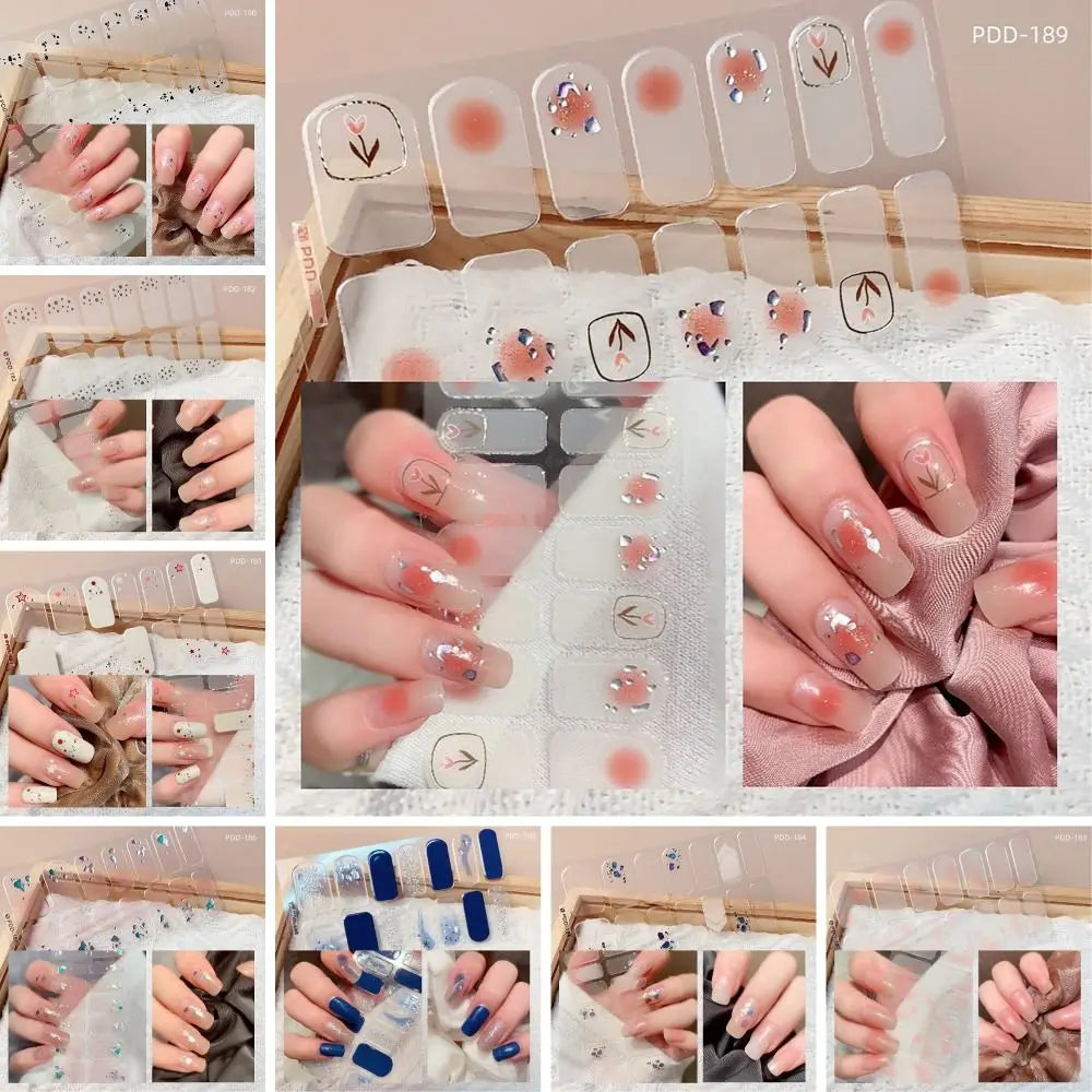 14Strips Gel Nail Stickers Full Cover Floristic Nail Art Stickers Semi Cured Gel Nail Polish Strips DIY Nail Art Making Zpaxo