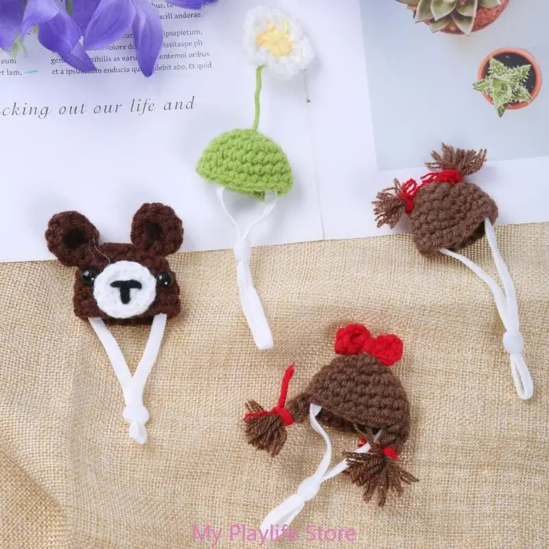 Handmade Crochet Small Pet Hat Adjustable Neckstrap Hamster Cartoon