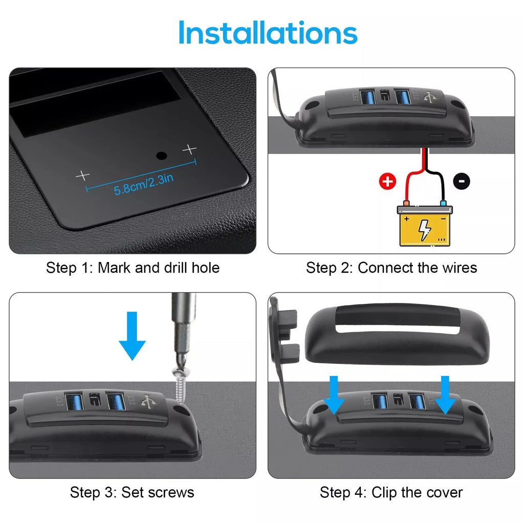 DC 12V-24V Dual USB Outlet 66W Car Charger Socket 3Ports Dual 18W QC3.0 + PD3.0 30W Dustproof Power Outlet Panel For Car Boat RV