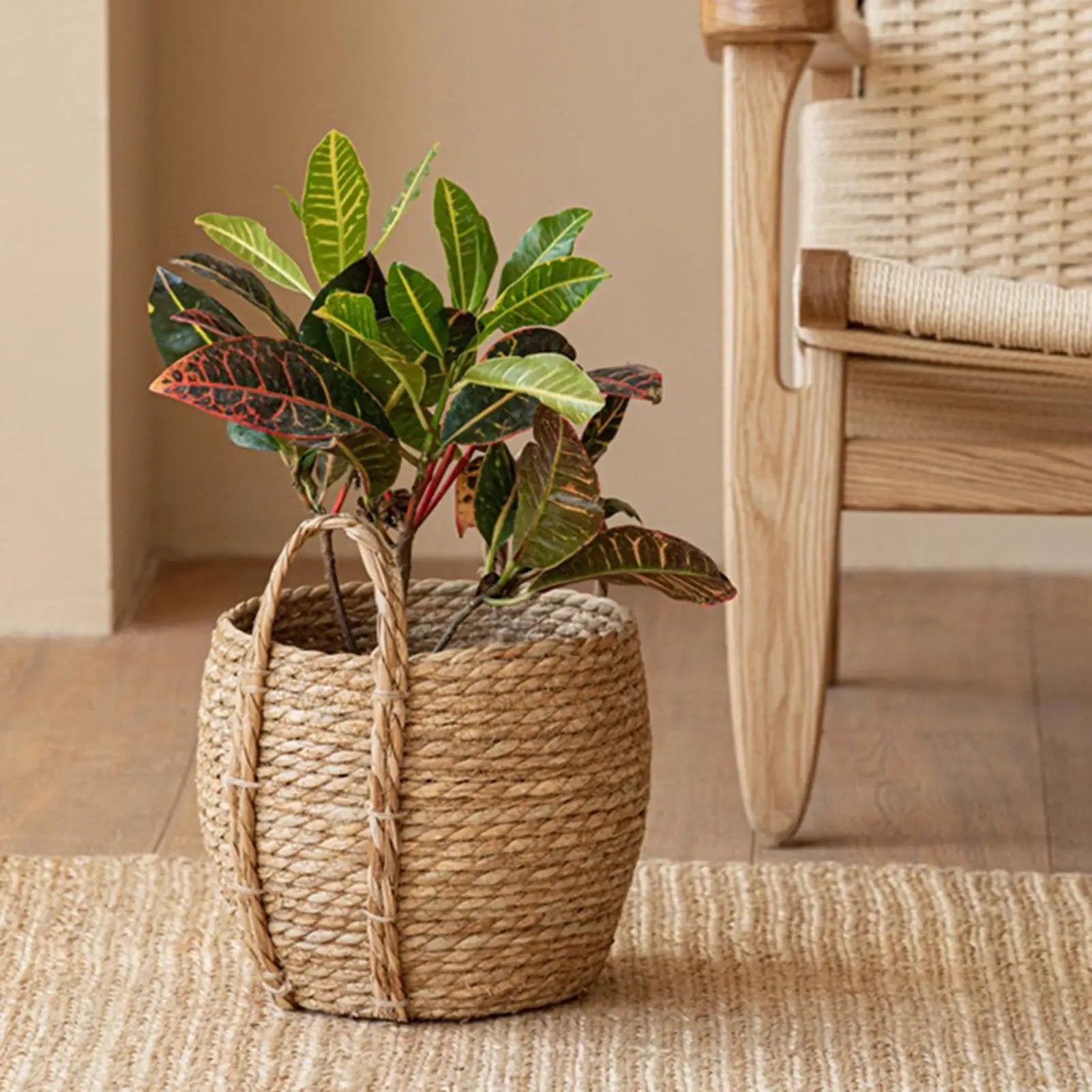Rattan Planter Basket Rustic Organizer Handle Woven Plant Indoor