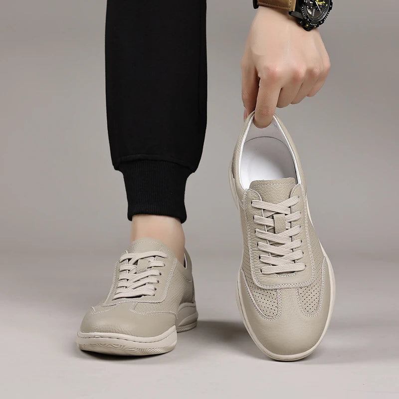 Mens Beige Leather Breathable Perforated Casual Sneakers Low Lace Up Zpaxo