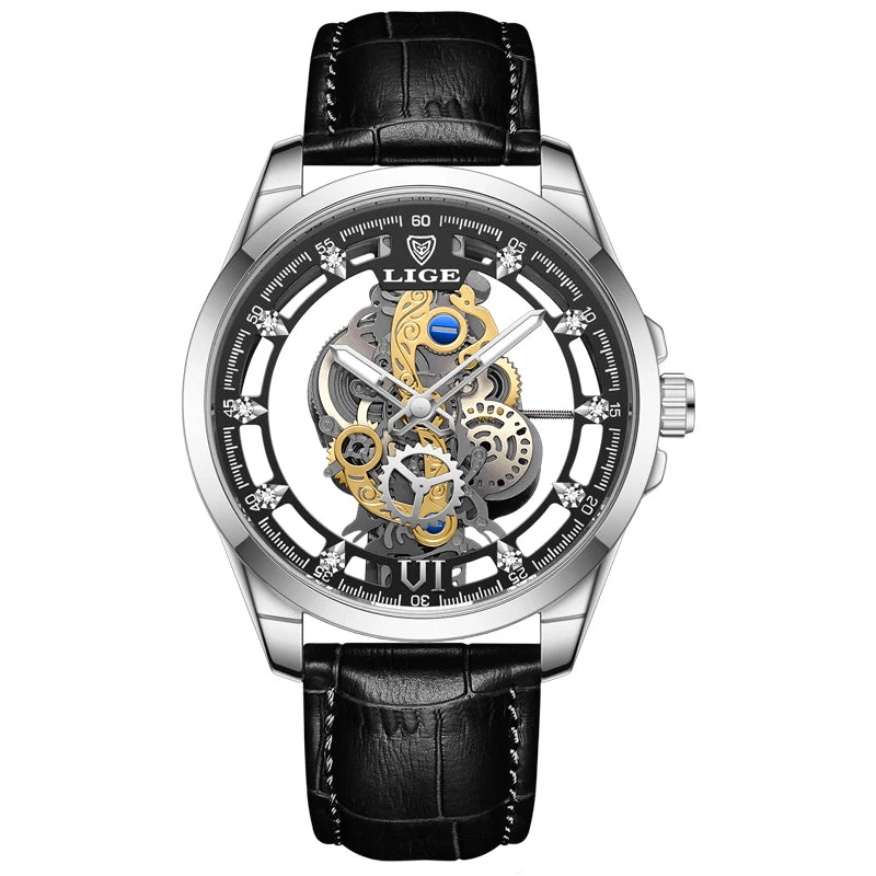 2025 LIGE Men Watch Skeleton Automatic Quartz Watch Gold Skeleton Vintage Man Watch Mens Watches Top Brand Luxury часы мужские Zpaxo Silver black L