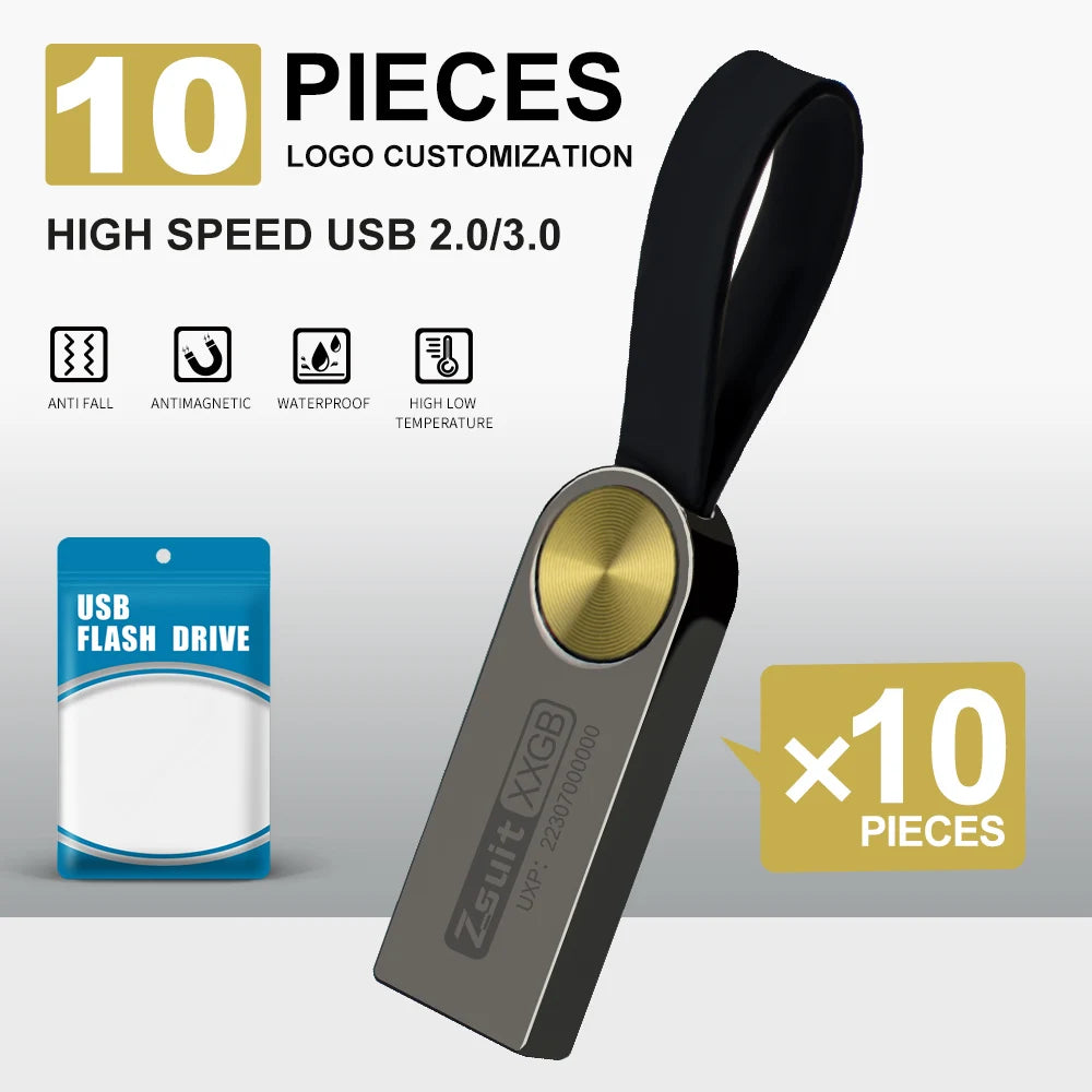 ZSUIT 10Pcs USB Drive 32GB 64GB High Speed Pen Drive 3.0 Memory Stick 128GB Waterproof Pendrive Metal USB Disk Memoria Stick DD Zpaxo USB 2.0-4GB Gold