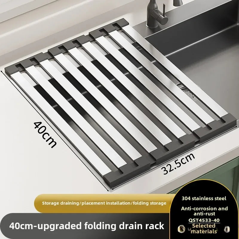 304 Stainless Steel Kitchen Sink Drain Rack Sink Bowl and Dish Storage Rack Foldable and Retractable Drain Basket Placema Zpaxo 40x32.5cm