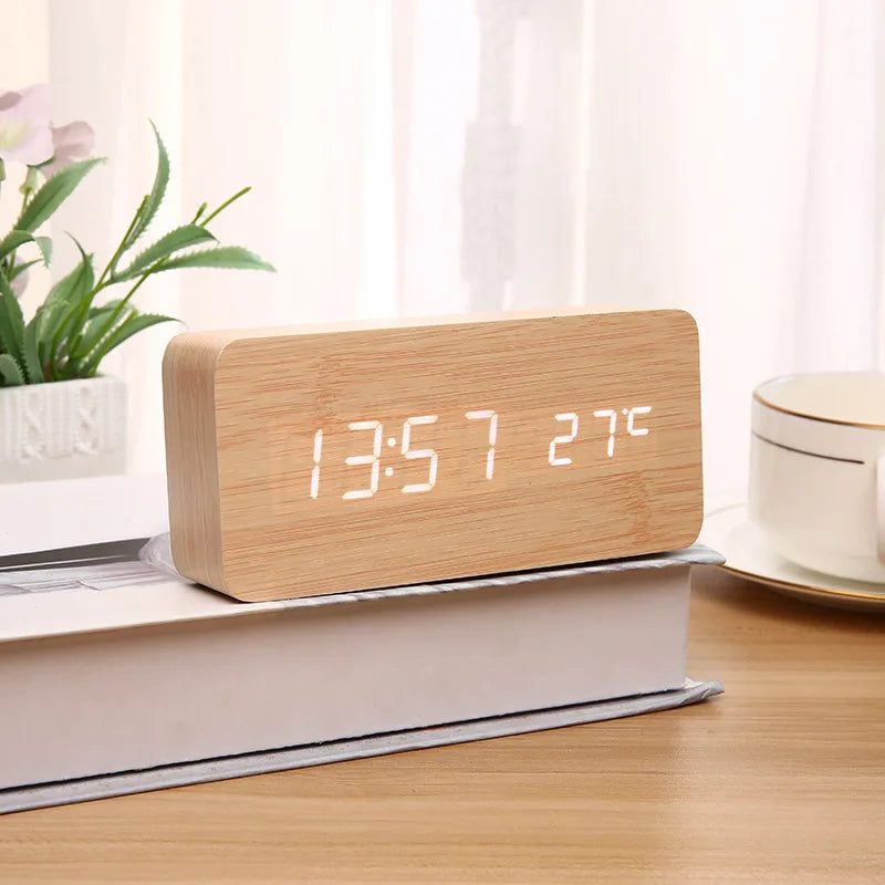 LED Student Alarm Clock Simple Wooden Temperature Display Sound