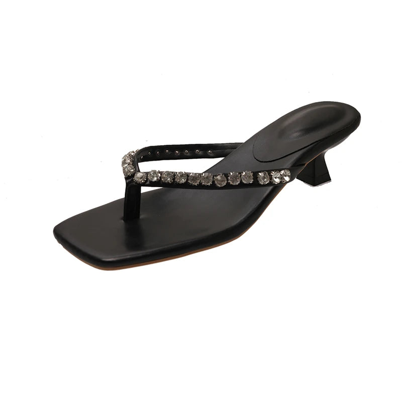 2026 Sexy Mid Heels Slippers Women's Luxury Rhinestone Square Toe Zpaxo black 37