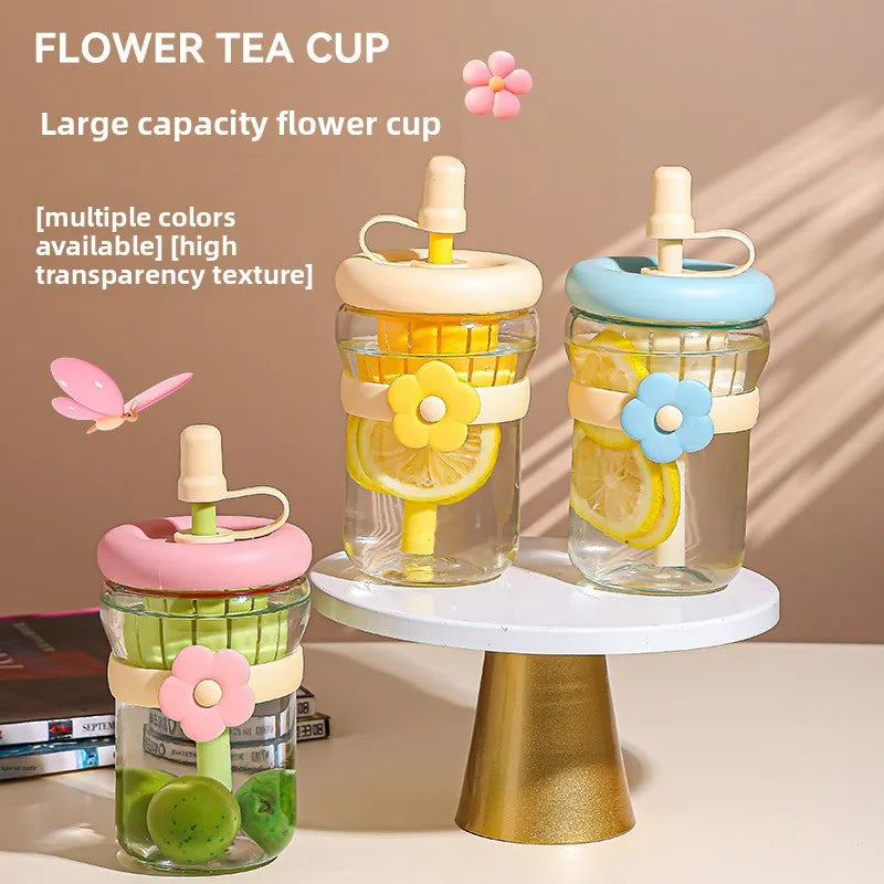 Glass Flower Cartoon Tea Strainer Cold Brew Straw Tumbler Leak-proof