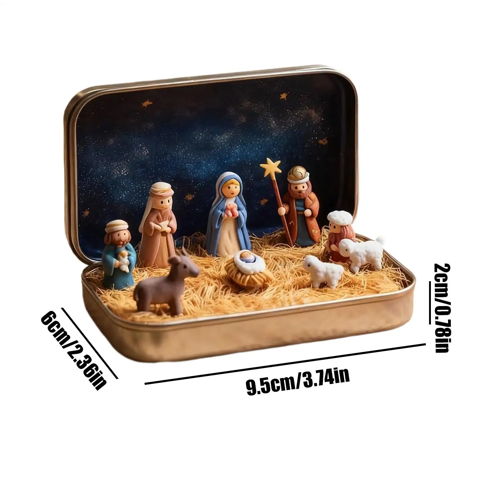 Tin Box Nativity Portable Mini 3D Holy Figurines Religious Ornament