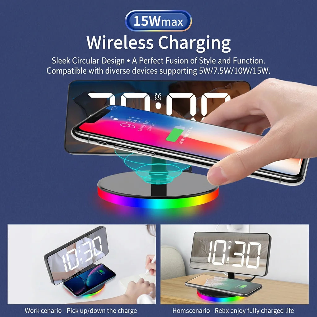 LED Mirror Alarm Clock – 15W Wireless Charging & RGB Night Light