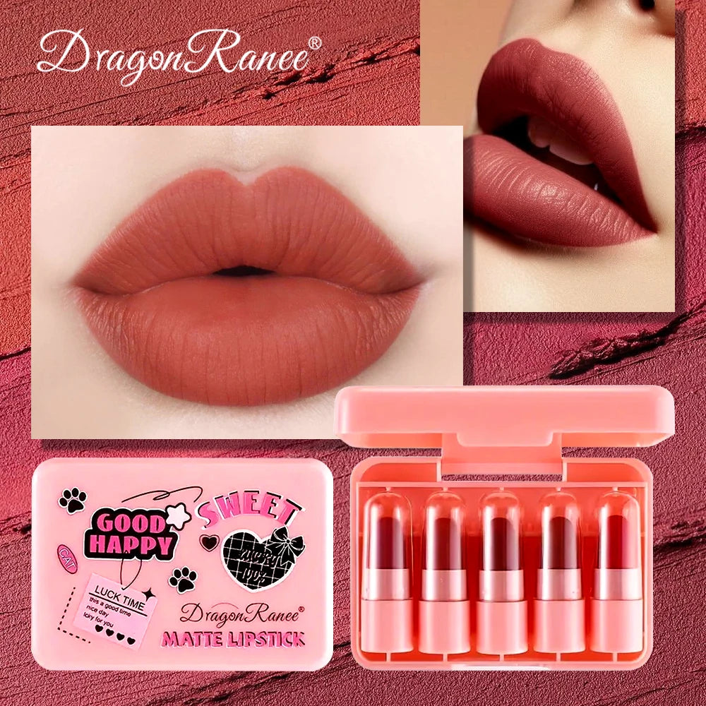 Five-Piece Lipstick Set with Long-Lasting Effect, Brightening and Complexion-Enhancing, Autumn and Winter Matte Velvet Finish, Non-Fading, Non-Stick Cup Lipstick Set Zpaxo