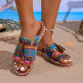 Women Slippers Slip-on Comfortable Sandals Ethnic Stripe Flat Bottom