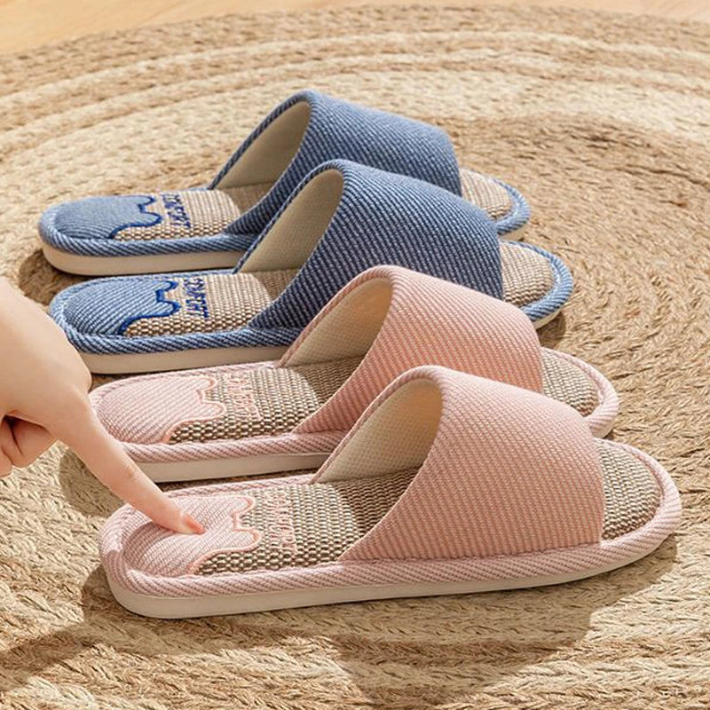 Women Linen Slippers Four Seasons Indoor Sandals Adults Cartoon