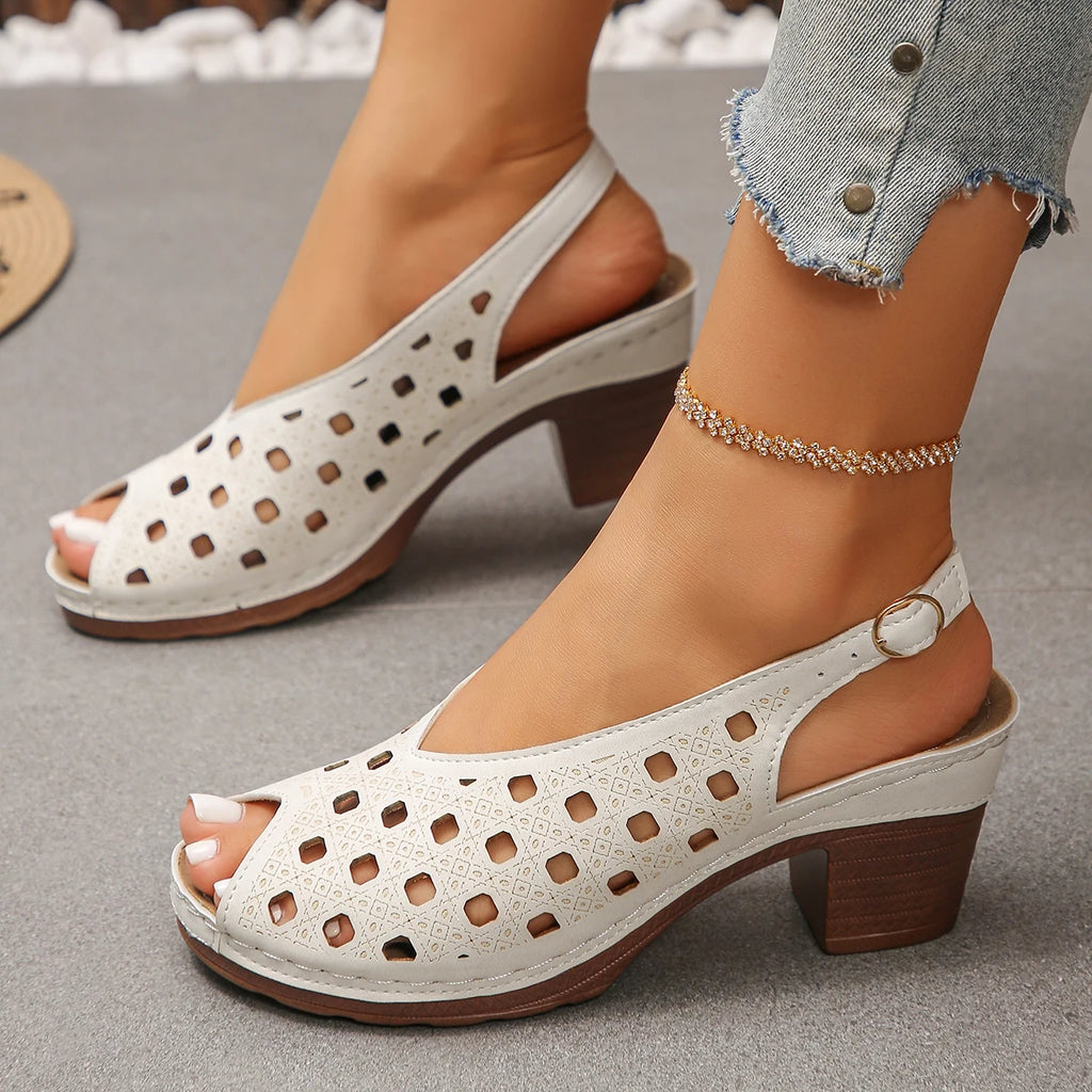 Women Sandals 2025 Retro Comfortable Summer Shoes Women Thick Heeled Fish Mouth Middle Heeled Sandals Fashion Hollow Shoes Women Zpaxo