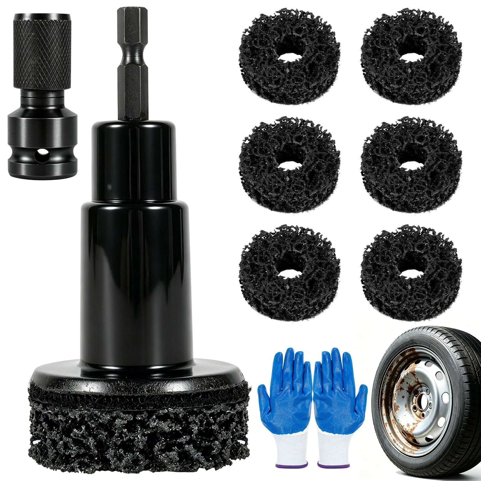 Wheel Hub Cleaning Kit Brake Disc Rust Remover Pad 1/2 Inch Impact Wrench Drill Attachment Car Rim Resurfacing Paint Stripping T Zpaxo SET A