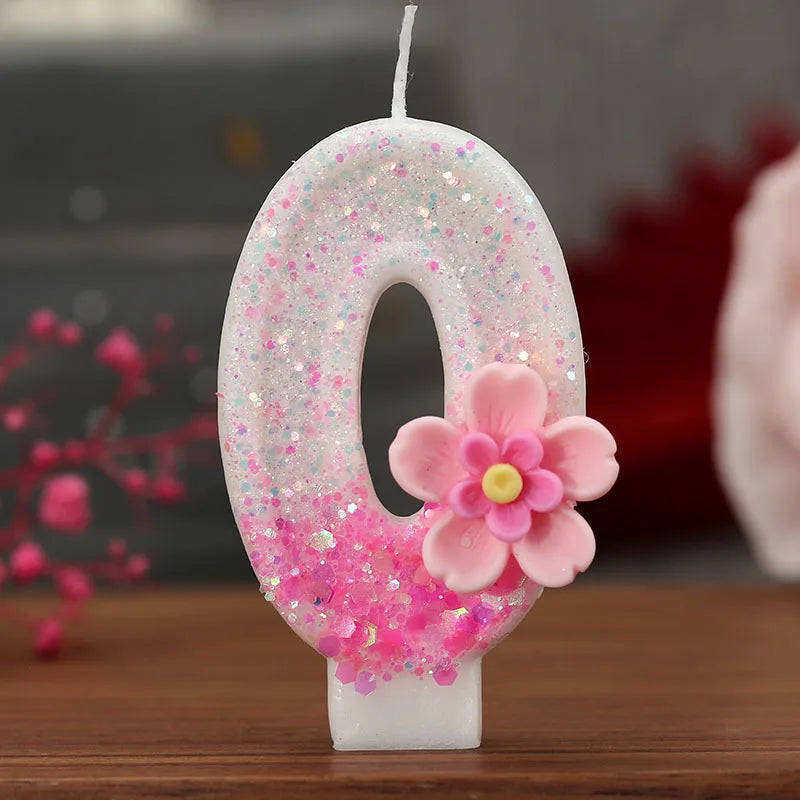 Creative Birthday Candles Pink Gradient Glitter Flower Number Cake Zpaxo numeber 0 B15029A