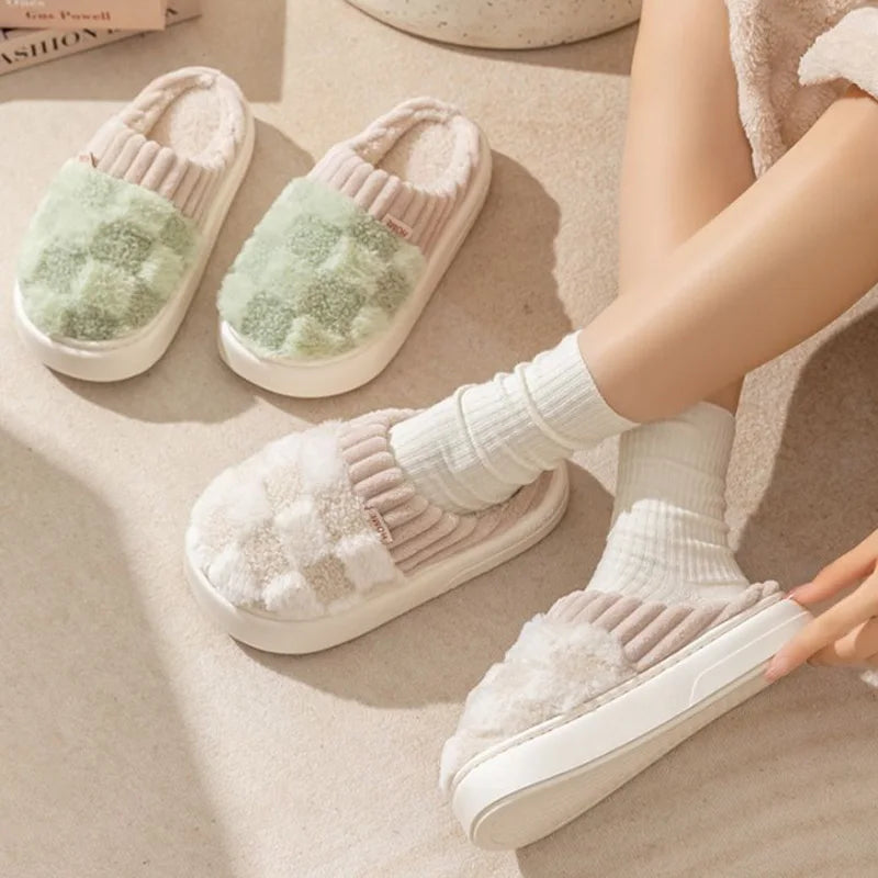Fashion Couple Winter Slides Warm Plaid Fluffy Slippers Soft Sole