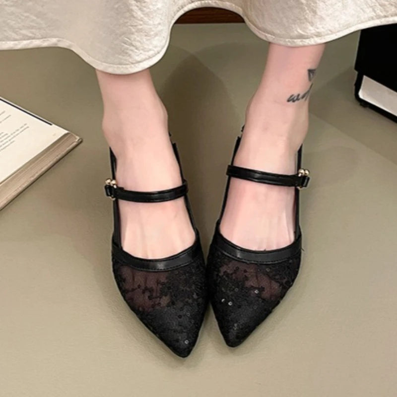Pointed Closed Toe Embroidery Mesh Fabric Breathable Comfortable Zpaxo black 39