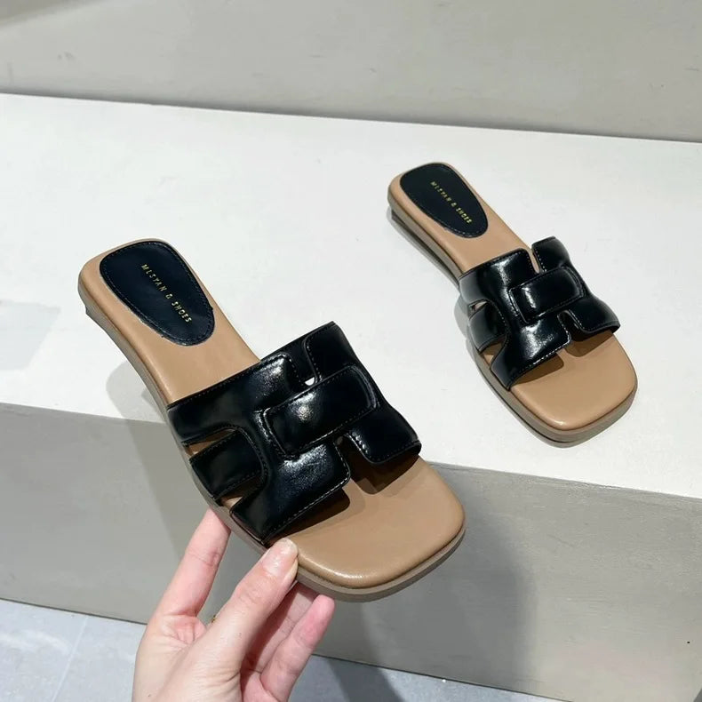 Brown Leather Ladies' Slippers Exposed Heels Flat Casual Couple Beach