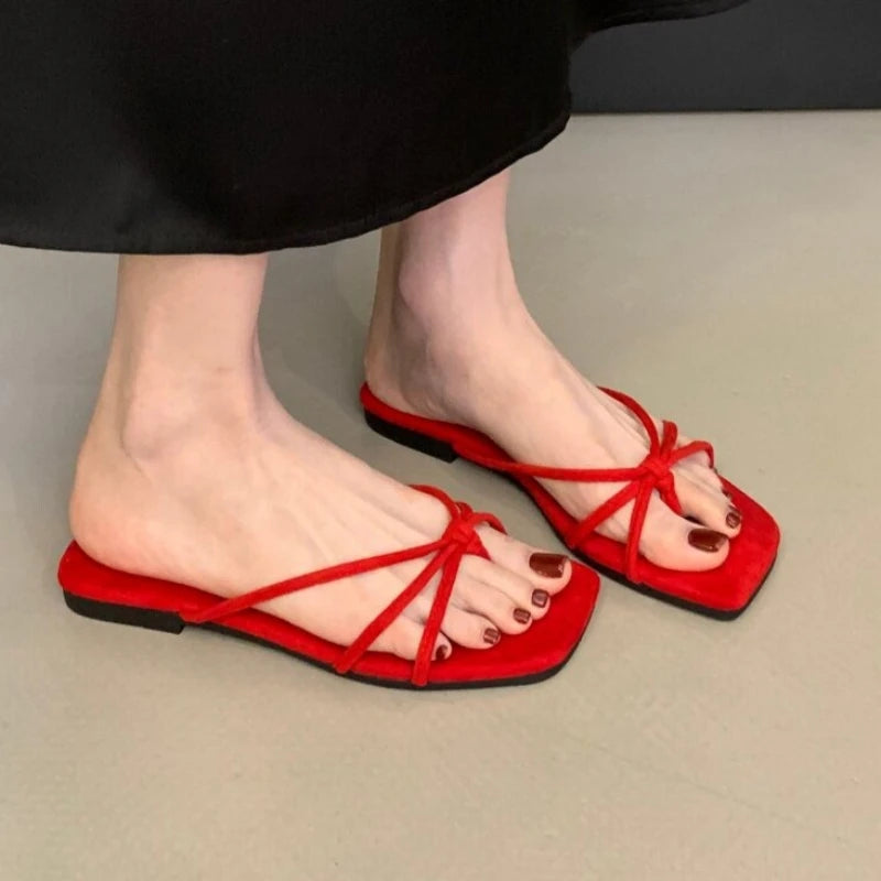 Women's Square Clip-toe Vintage Solid Comfortable Slippers Women Zpaxo Red 37