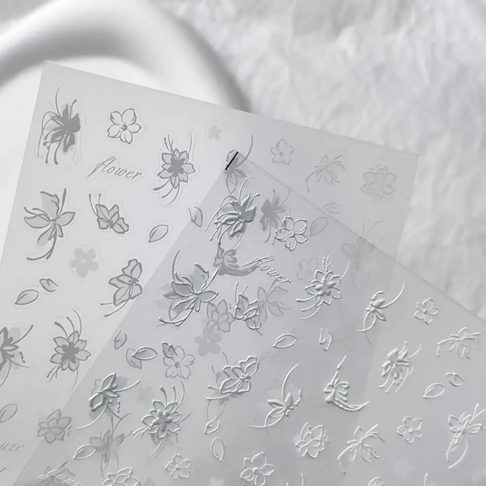 5D White Flower Nail Stickers Charm Simple Floral Petal Sticker Zpaxo