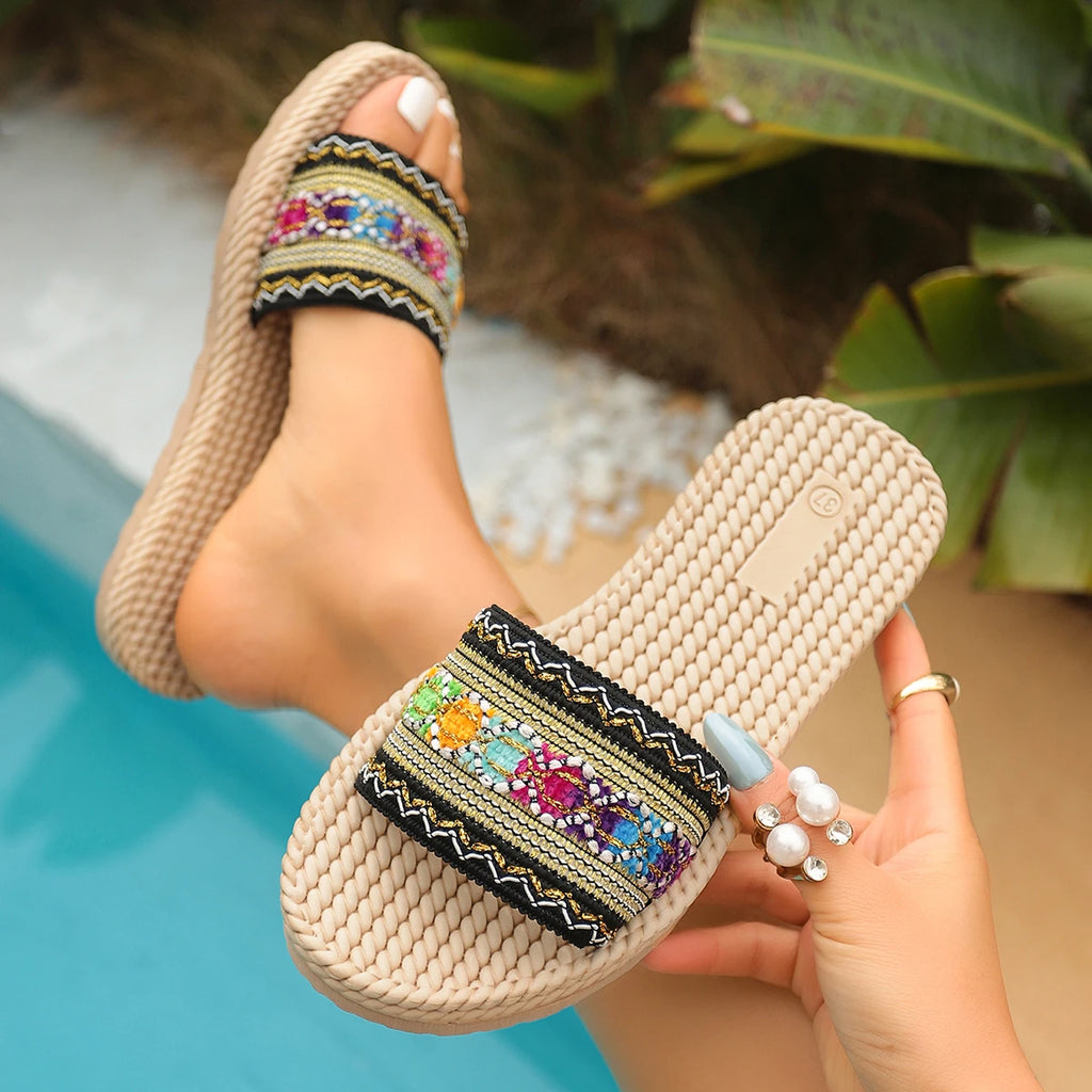 Women Slippers Beach Slides Women Summer Beach Sandals Fashion Ethnic Style Round Toe Casual Comfortable Flat Slippers Women Zpaxo