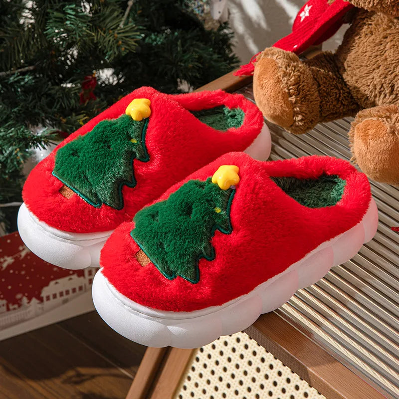 Christmas Themed Plush Slippers Women Men Cozy Home Winter Indoor