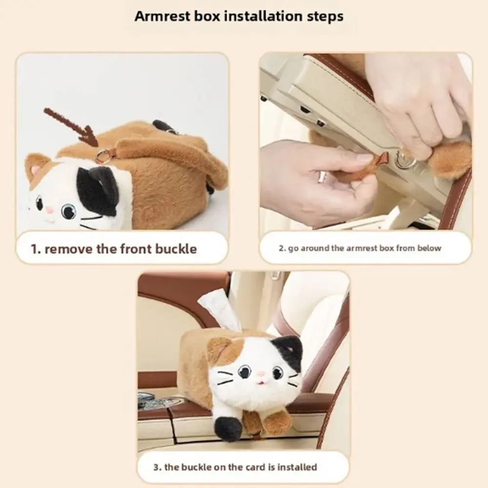 Cartoon Plush Cat Napkin Box Shape Reusable Car Seat Tissue Fluffy Zpaxo
