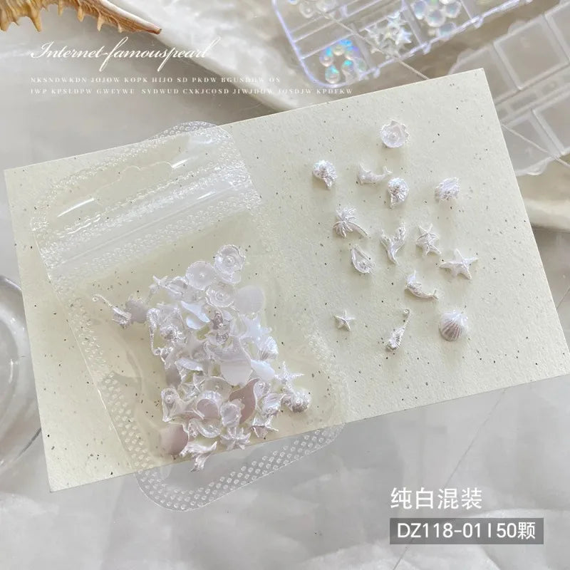 Mixed Summer Aurora Shell Nail Rhinestone Ocean Theme Starfish Coconut Tree Resin Nail Charm Decoration DIY Manicure Accessories Zpaxo D-50pcs mix per pack