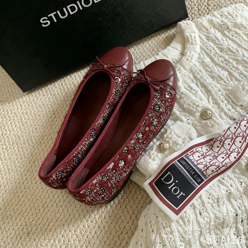 Women Tweed Ballet Flats Bow Decor Soft Flat Shoes Ladies Elegant Daily Commuter Walking Loafers Vintage Non Slip Dress Shoes Zpaxo