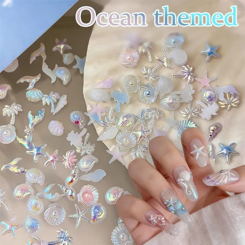 Mixed Summer Aurora Shell Nail Rhinestone Ocean Theme Starfish Coconut Tree Resin Nail Charm Decoration DIY Manicure Accessories Zpaxo