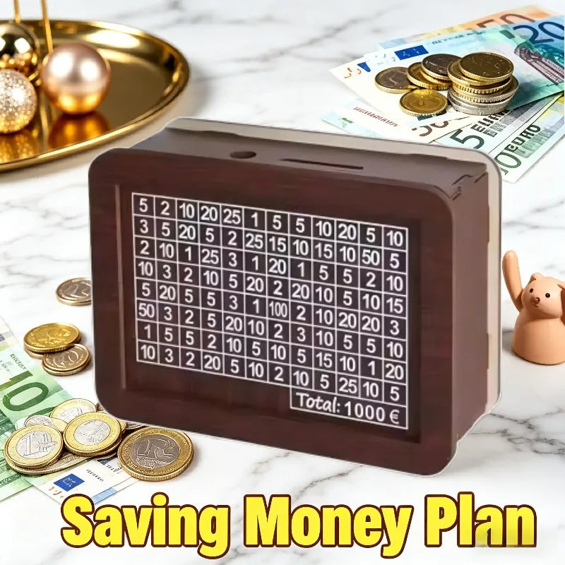 Euro Saving Money Box Piggy Bank Cash Wooden Savings Challenge Box with Money Target Numbers Tirelire Alcancia Spaarpot Zpaxo