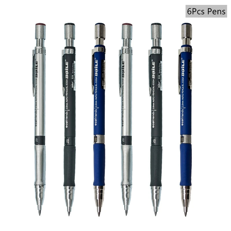 2mm Mechanical Pencil Set with Color/Black Lead Art Drawing Design Automatic Pencil Writing Student Office School Stationery Kit Zpaxo 6Pcs pencils A