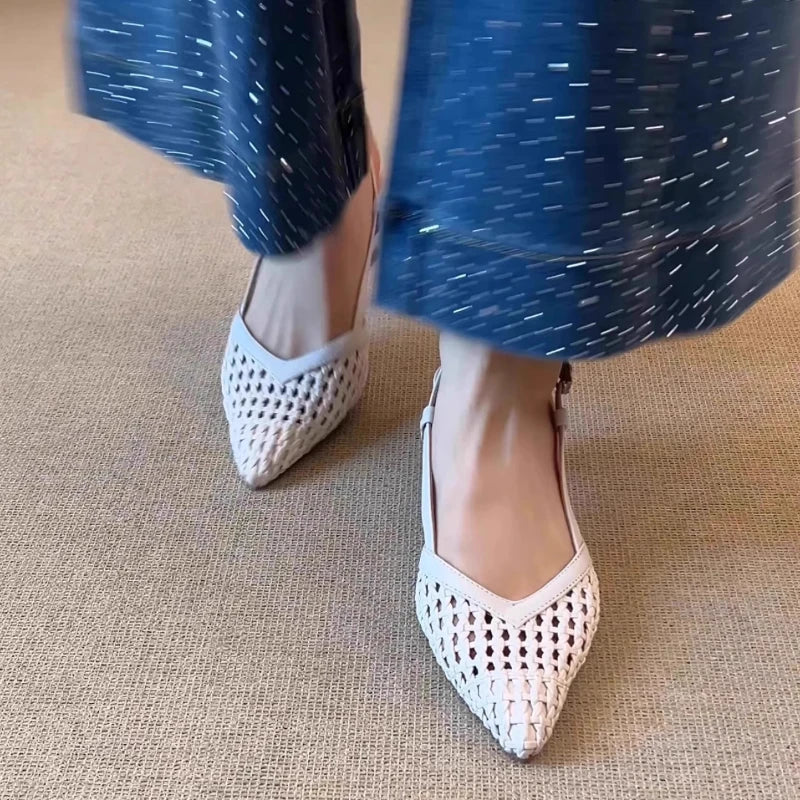 French Square-toed Woven High-heeled Sandals 2025 Summer Shoes