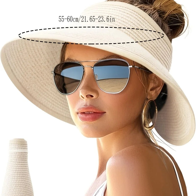 Summer Women Wide Brim Sun Hat, Roll-Up Foldable Beach Ponytail Hat, Seaside Travel Straw Hat, UV Protection Outdoor Visor Cap Zpaxo