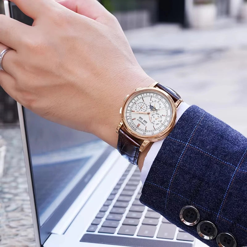 Forsining Retro Mechancial Watches Moon Phase Shanghai Movement Rose Gold Case Brown Leather Strap Luxury Automatic Mens Watch Zpaxo