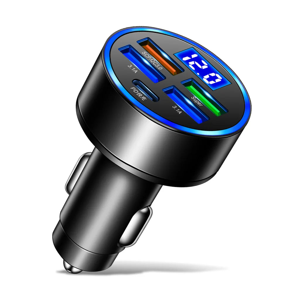 250W 5-Port USB-C Car Charger – PD & QC 3.0 Fast Charge