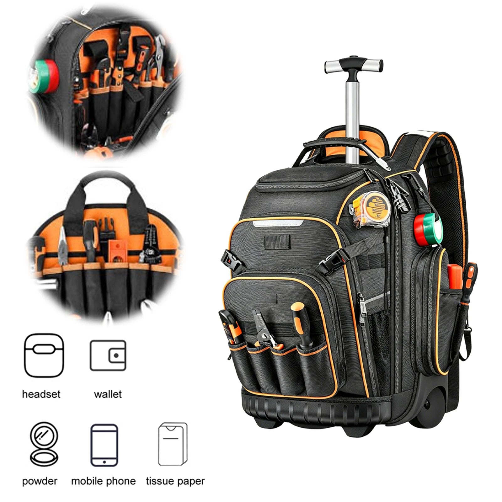 Tool Backpack Wheels Electrician Waterproof Base Rolling Bag