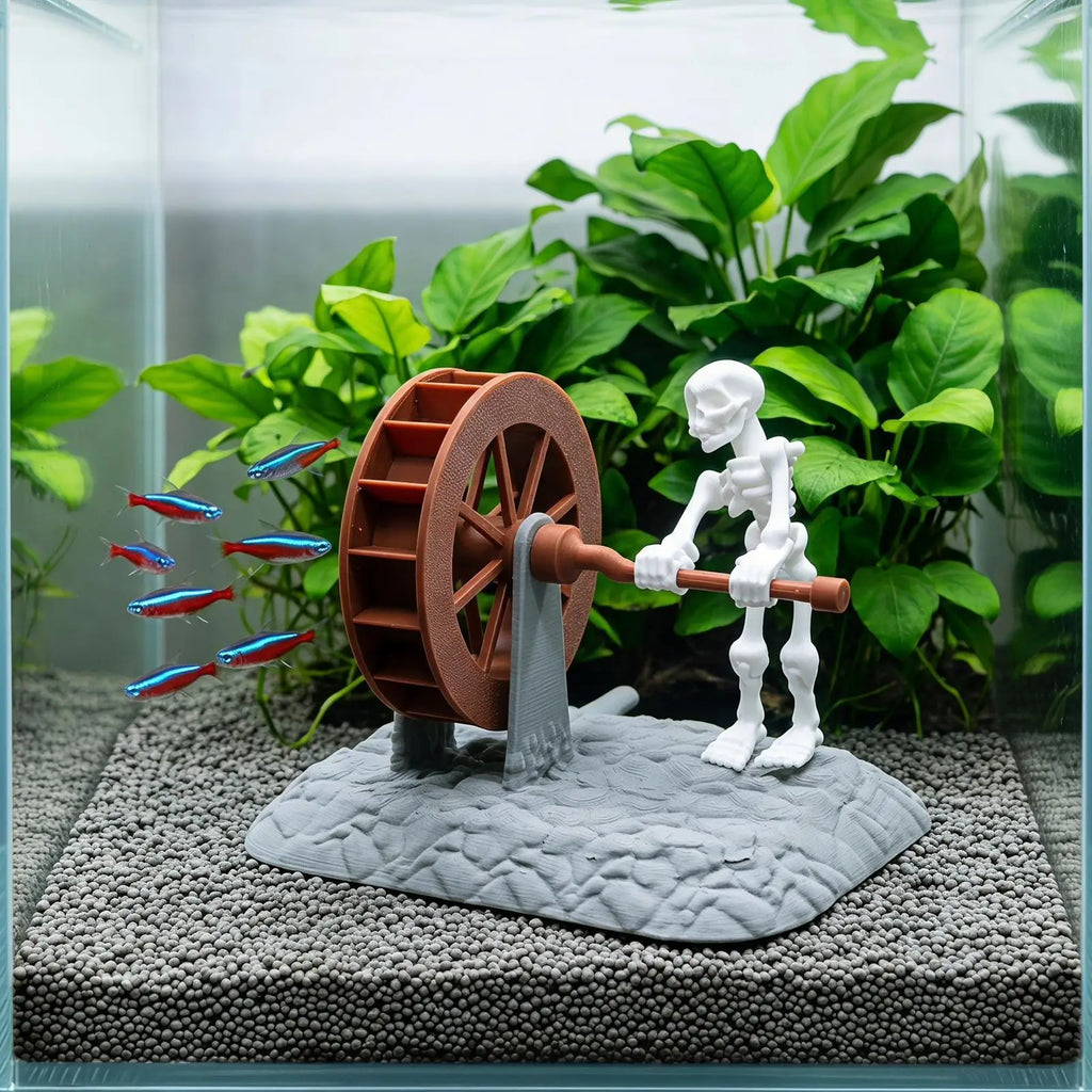 Fish Tank Decor Skeleton Rotating Water Wheel Landscape Decoration
