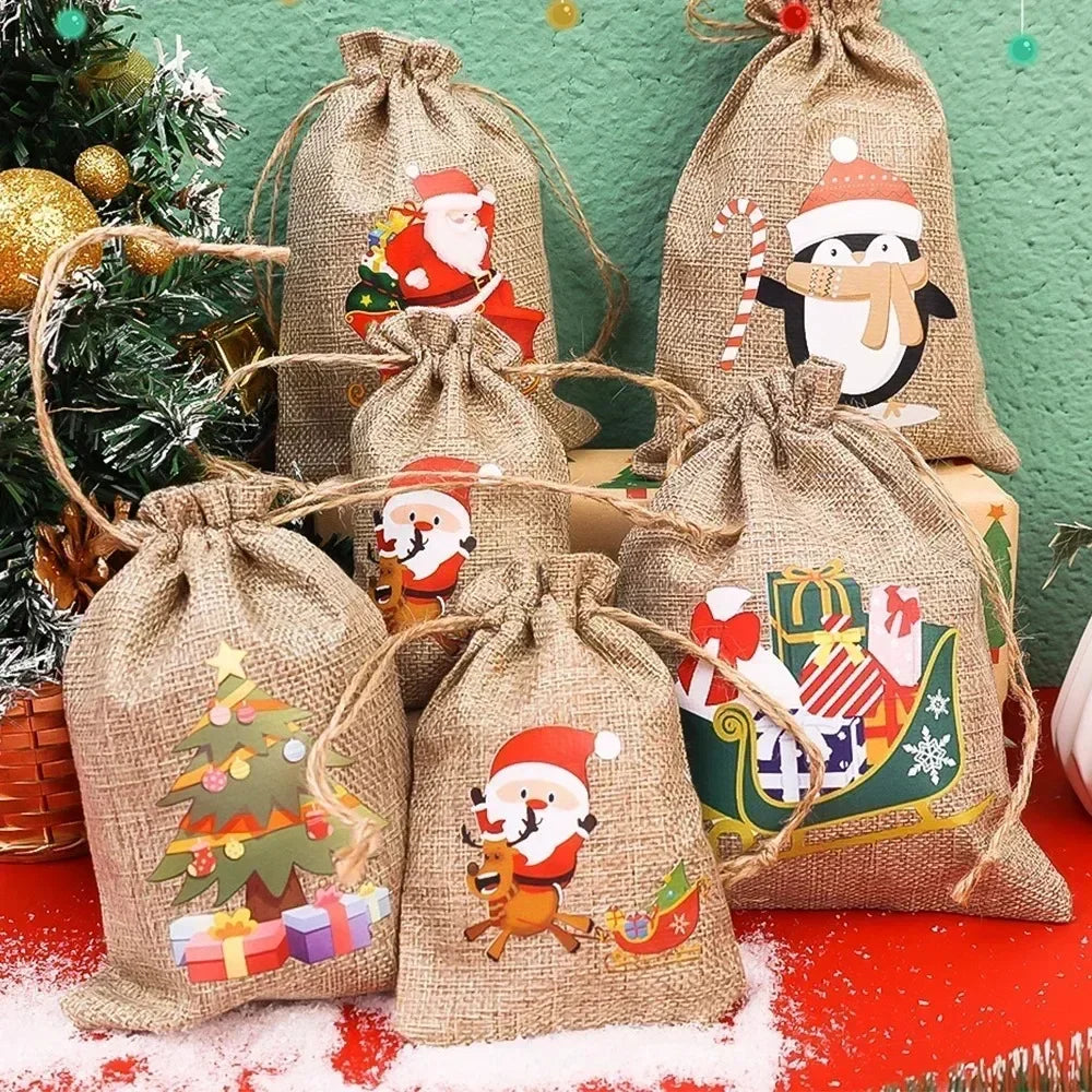 6PCS Christmas Linen Drawstring Bags Candy Biscuits Pouchs Burlap Bracelet Jewelry Storage Bags Xmas Kids Gift Packaging Bags yu Zpaxo