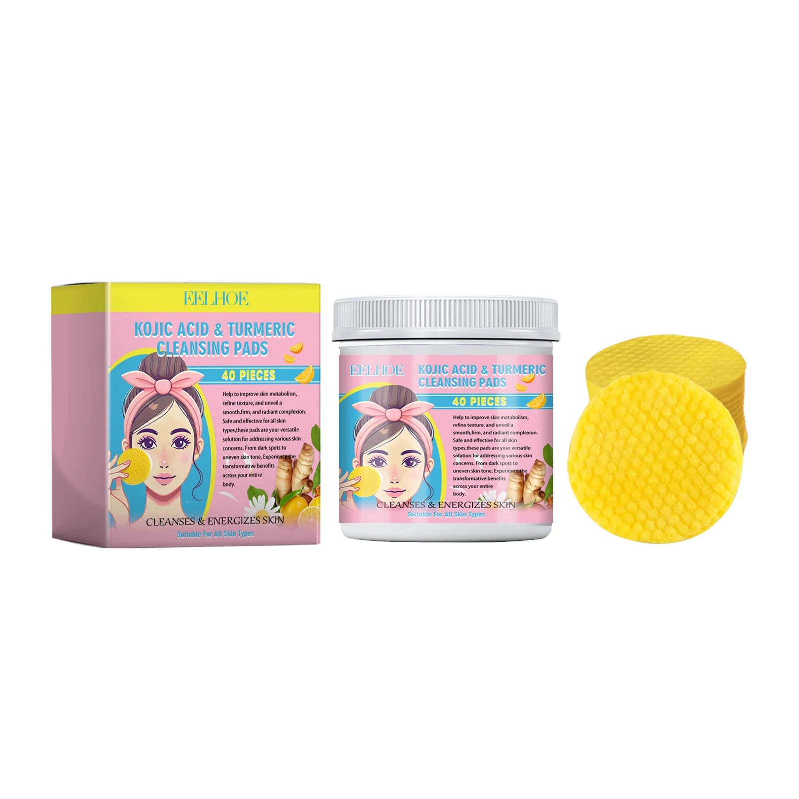 40pcs Turmeric Kojic Acid Facial Cleansing Pads Exfoliating Cleaning Remover Pores Dirt Moisturizing Daily Face Clean Skin Care Zpaxo 40pcs