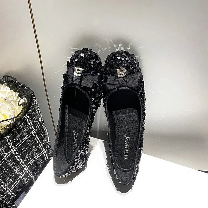 Flat Shoes for Women Spring Autumn 2025 Shallow Mouth Sparkling Sequin Bow Blingbling Plus Size 42 43 41 Kawaii Shoes Zpaxo
