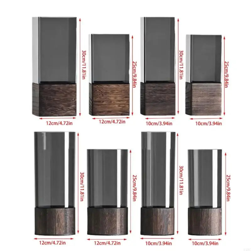 Artistic Acrylic Vases Wooden Base Square Cylindrical Flower Rustics