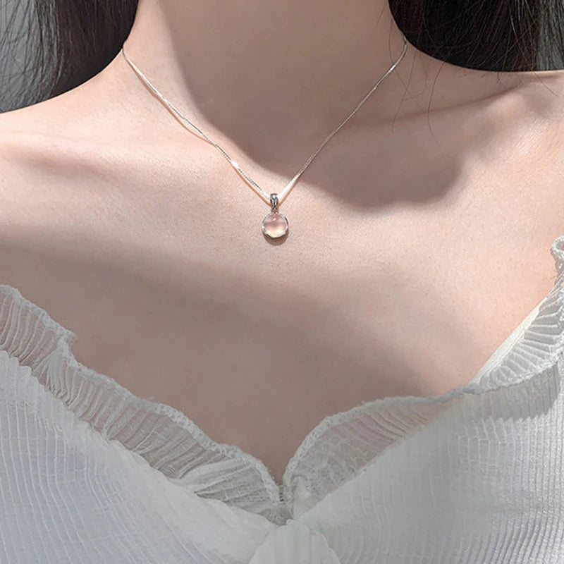 Pink White Chalcedony Round Pendant Necklace Elegant Gemstone Jewelry Zpaxo