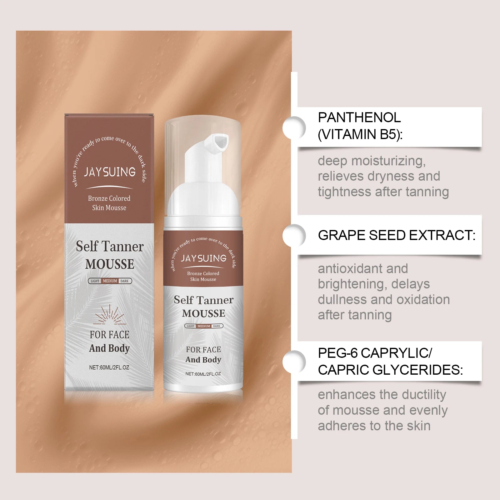 Jaysuing Self Tanner Mousse – Natural Sunless Tanning Foam 60ml Self Tanning Mousse Zpaxo