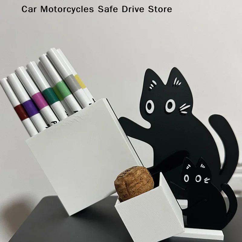 Funny Cat Pushing Box Storage Cute Desk Decorative Pen Holder