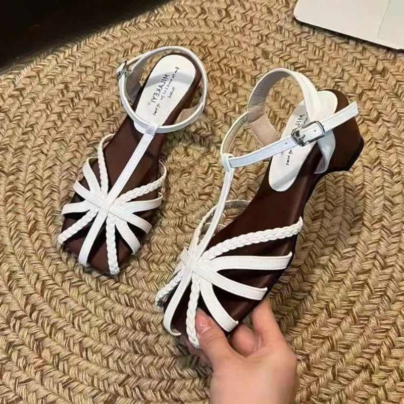 Square Closed Toe Weaving Hollow Out Comfortable Breathable One-word Zpaxo