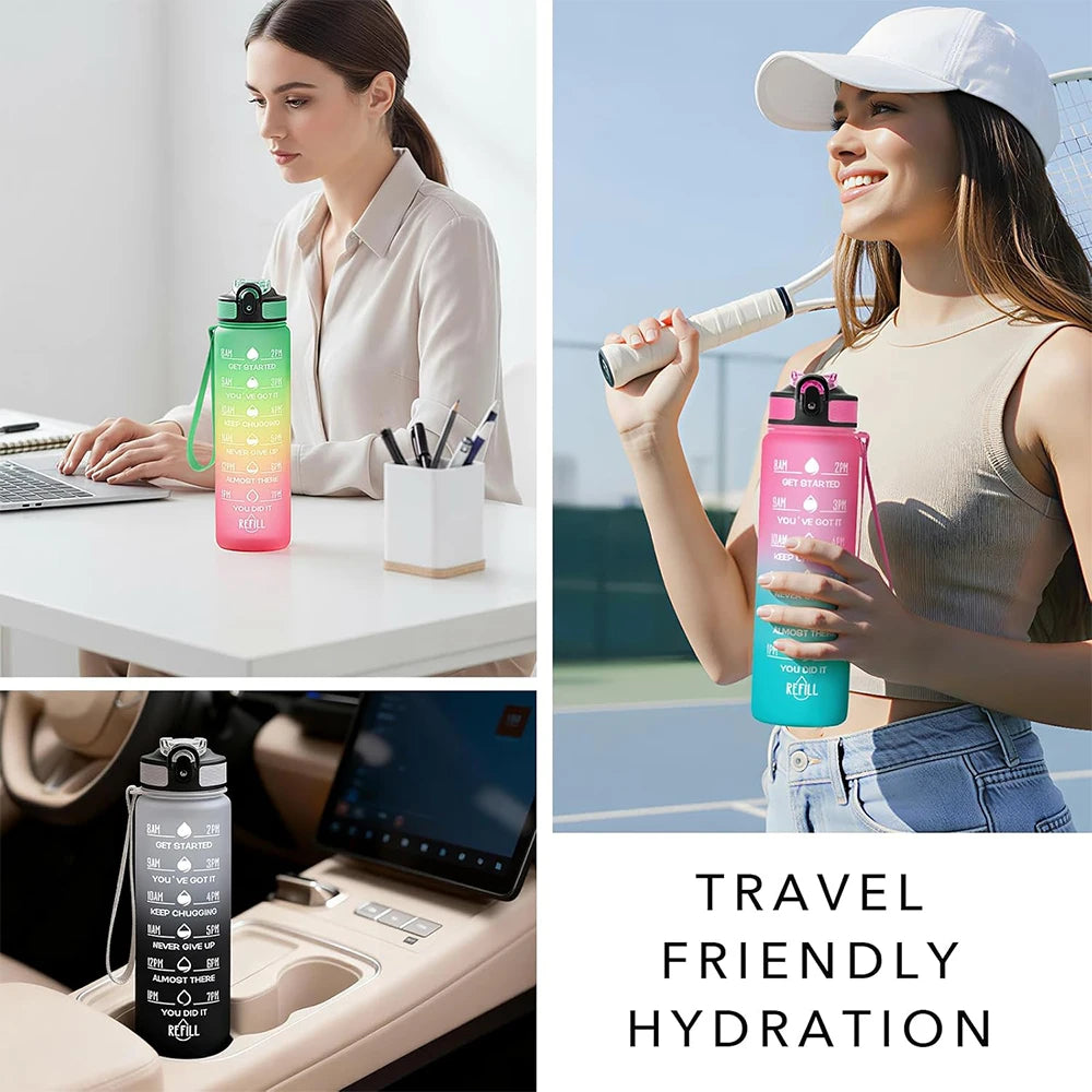 1000ml Water Bottle with Time Scale Straw for Outdoor Sports Plastic Gradient Color Leak Proof Water Bottle Zpaxo