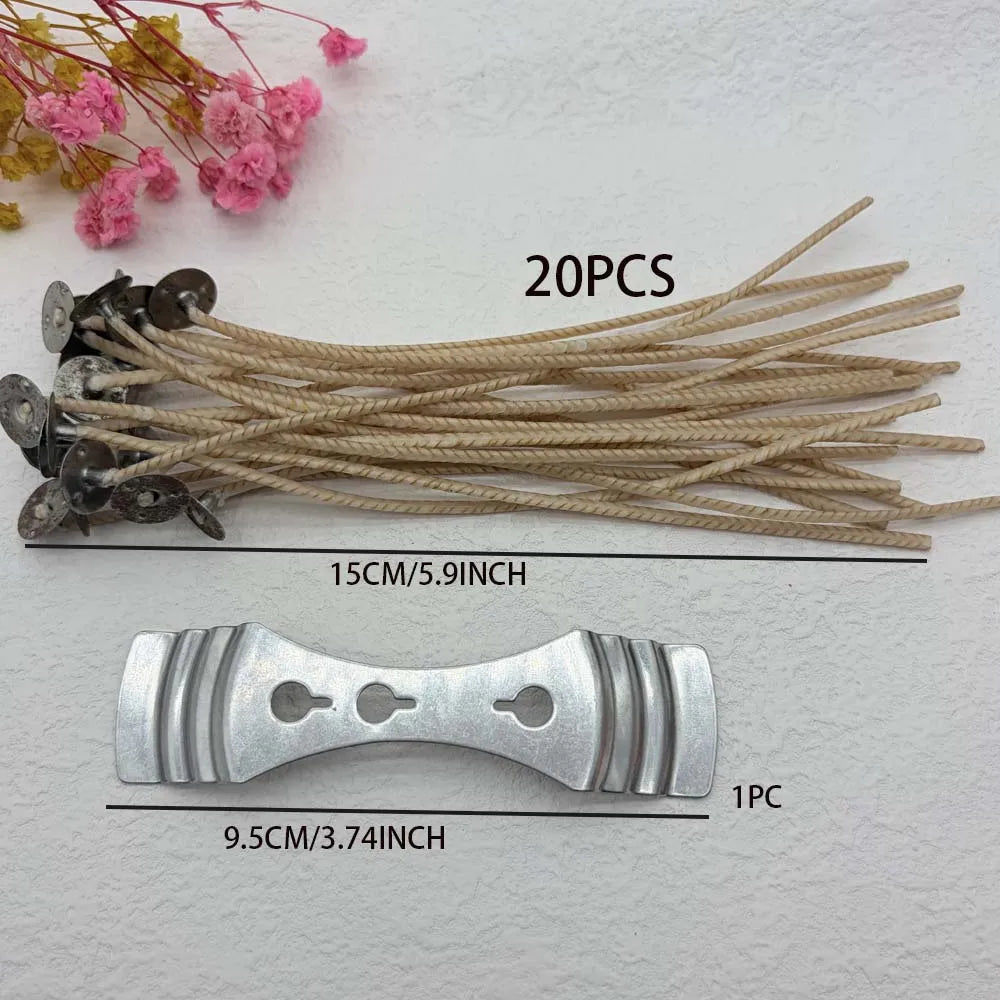 Candle Wicks,15cm Long 20 Pcs Organic Soy Pre Waxed Candle Wick with 1Pc Stainless Wick Holder Sustainer for Candle Making Kit Zpaxo set 1