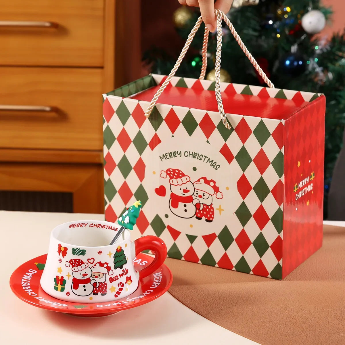 Santa Claus Ceramic Cup & Dish Set – Christmas Gift for Couples Ceramic Cup & Dish Set Zpaxo B