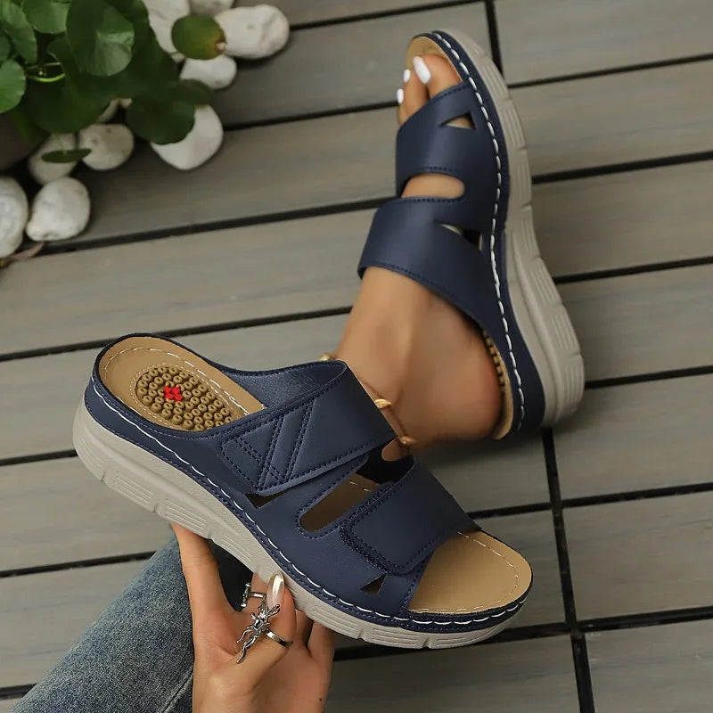 Women's Hollow Out Vintage Comfortable Fish Mouth Open Toe Wedge Heel Zpaxo Blue 39